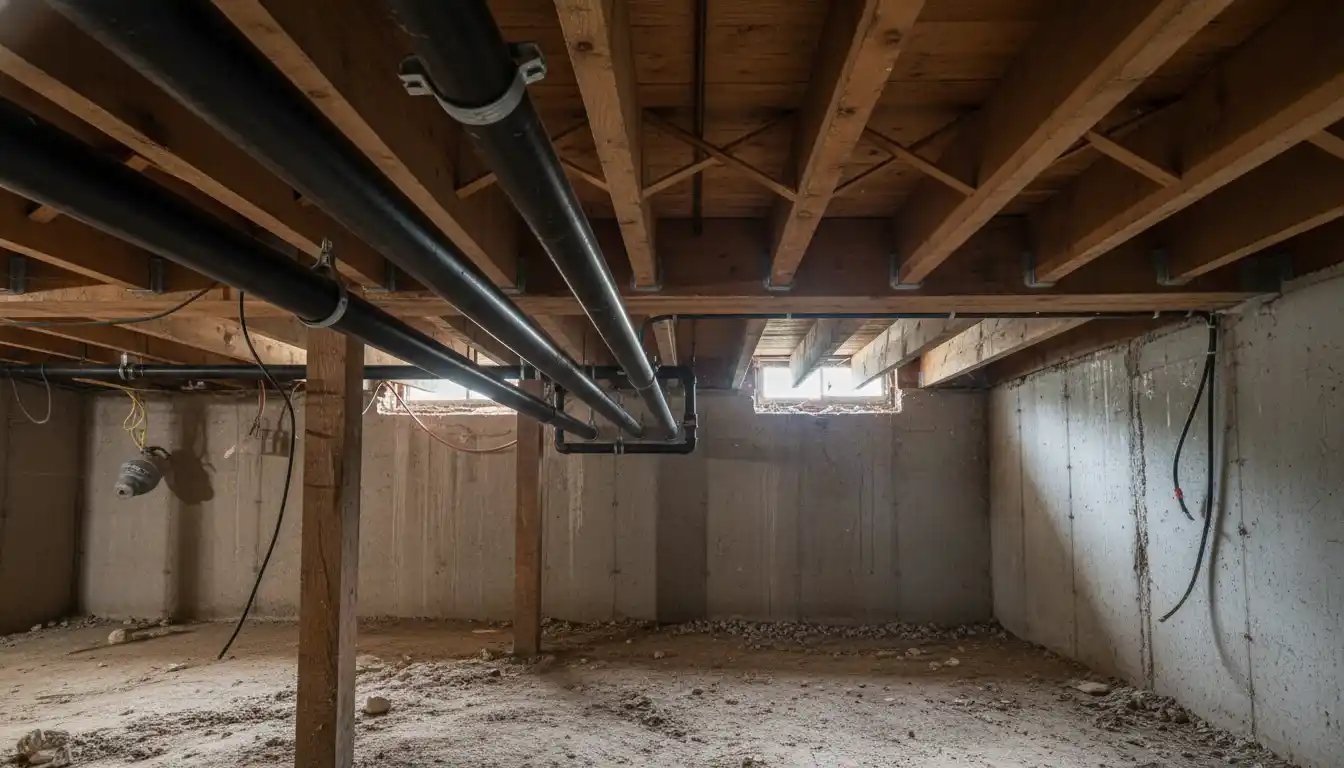 Black iron gas pipes running along wooden floor joists in an unfinished basement