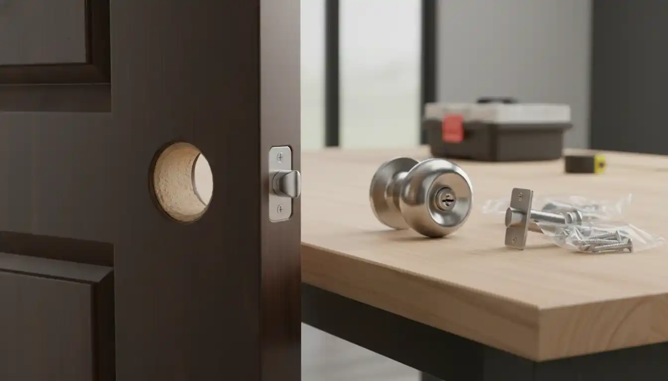 Side view of a door edge featuring a latch hole and a new metallic door knob kit ready for installation