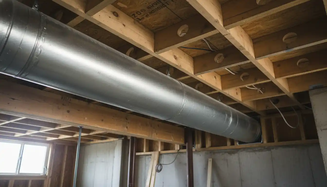 Close-up view of galvanized steel ductwork secured within the framing of a subfloor system