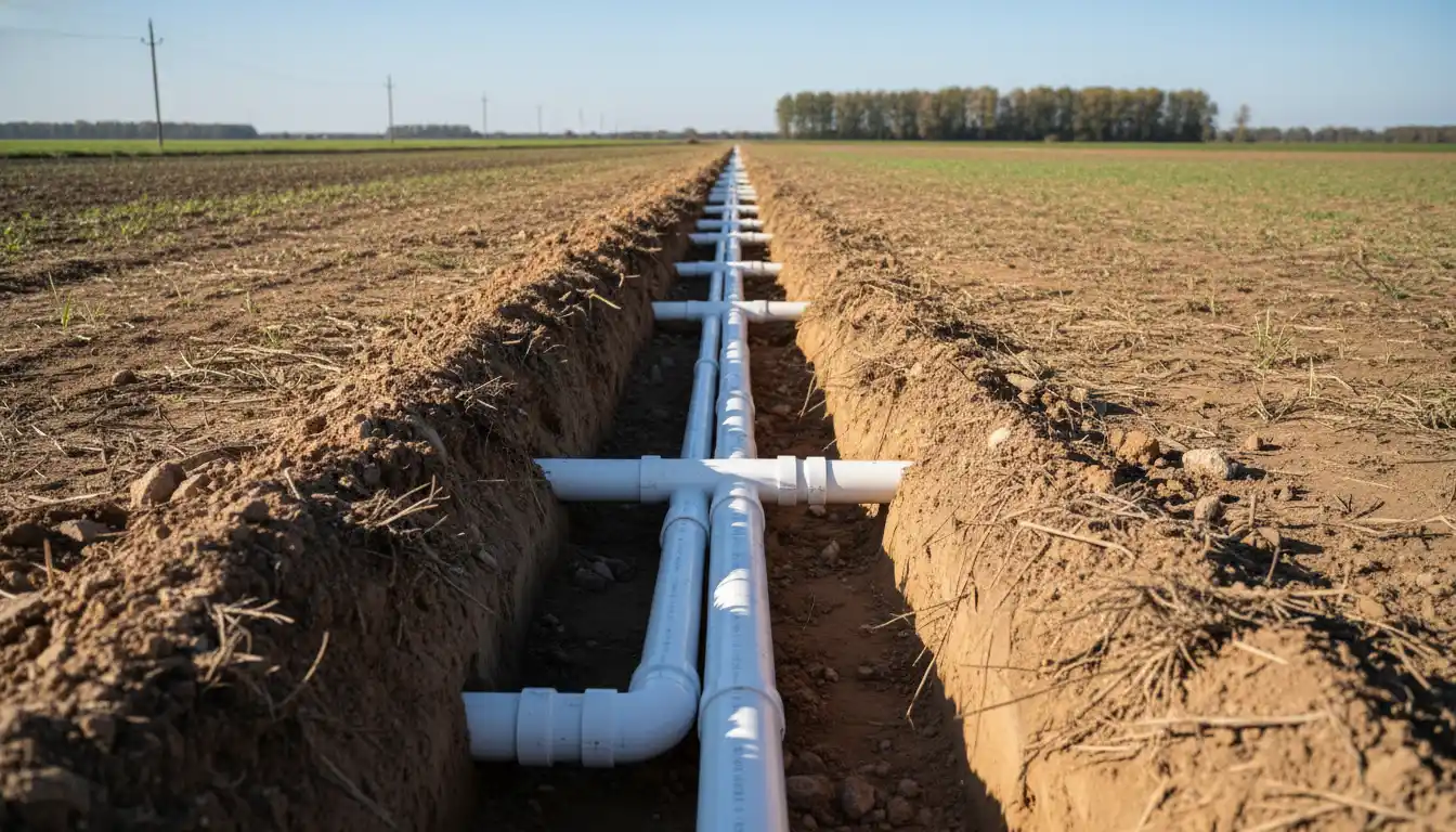 White plastic pipes laid in a long narrow dirt trench outdoors