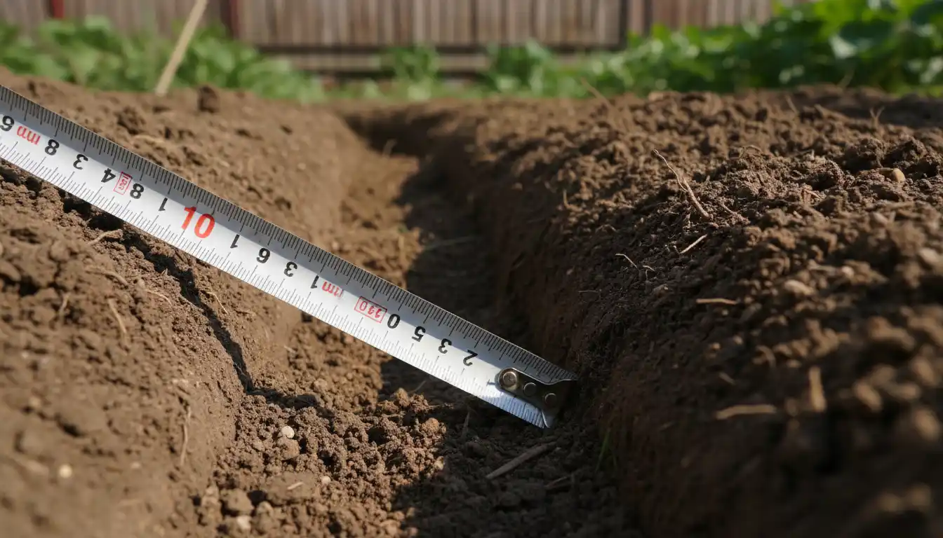 Close-up view of a metal tape measure extending into a soil trench