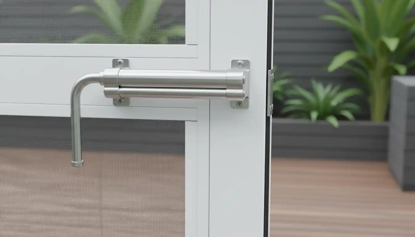Hydraulic pneumatic screen door closer mechanism attached to white metal frame