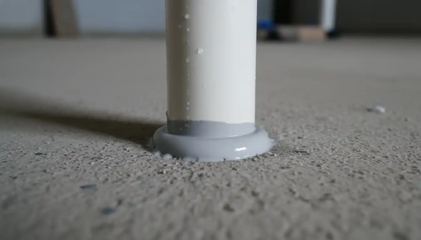 Close-up of flexible sealant bead applied to the joint between a plastic pipe and concrete floor