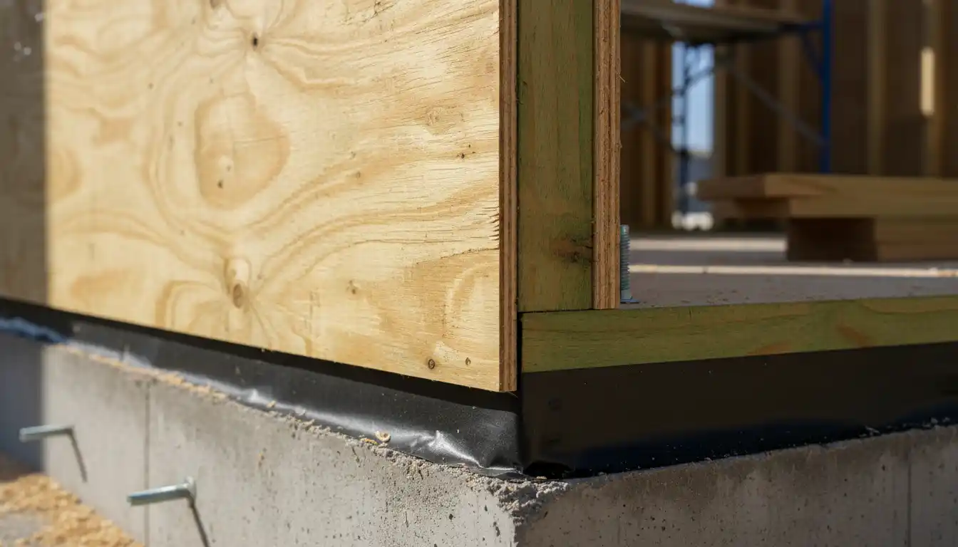Close up view of plywood sheathing overlapping the pressure treated sill plate to create a seal