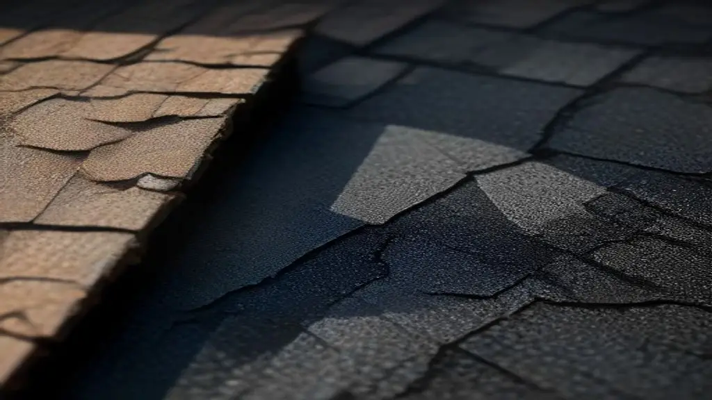 Close up of weathered and defective asphalt roof shingles