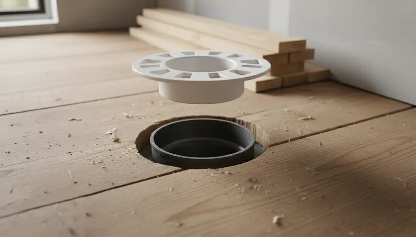 White PVC toilet flange positioned above an open drain pipe on a wooden subfloor