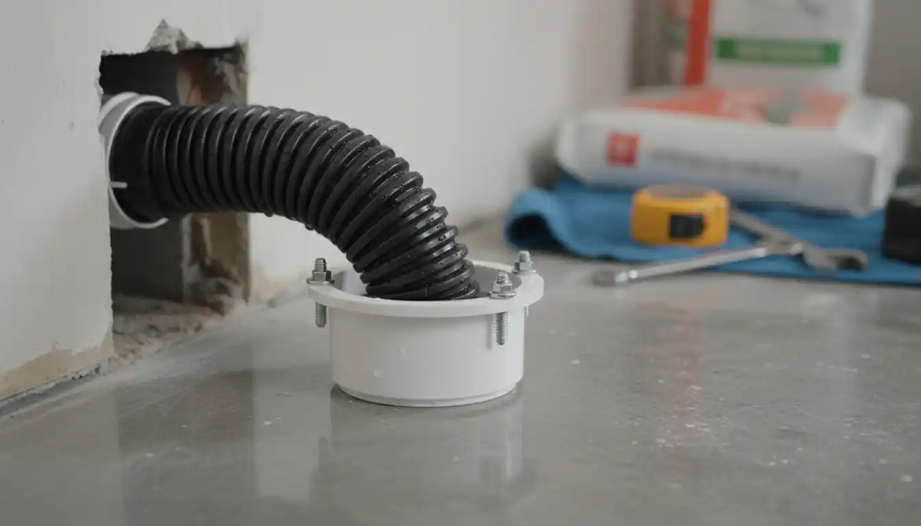 Close-up side view of a toilet flange fitting connecting to a waste pipe