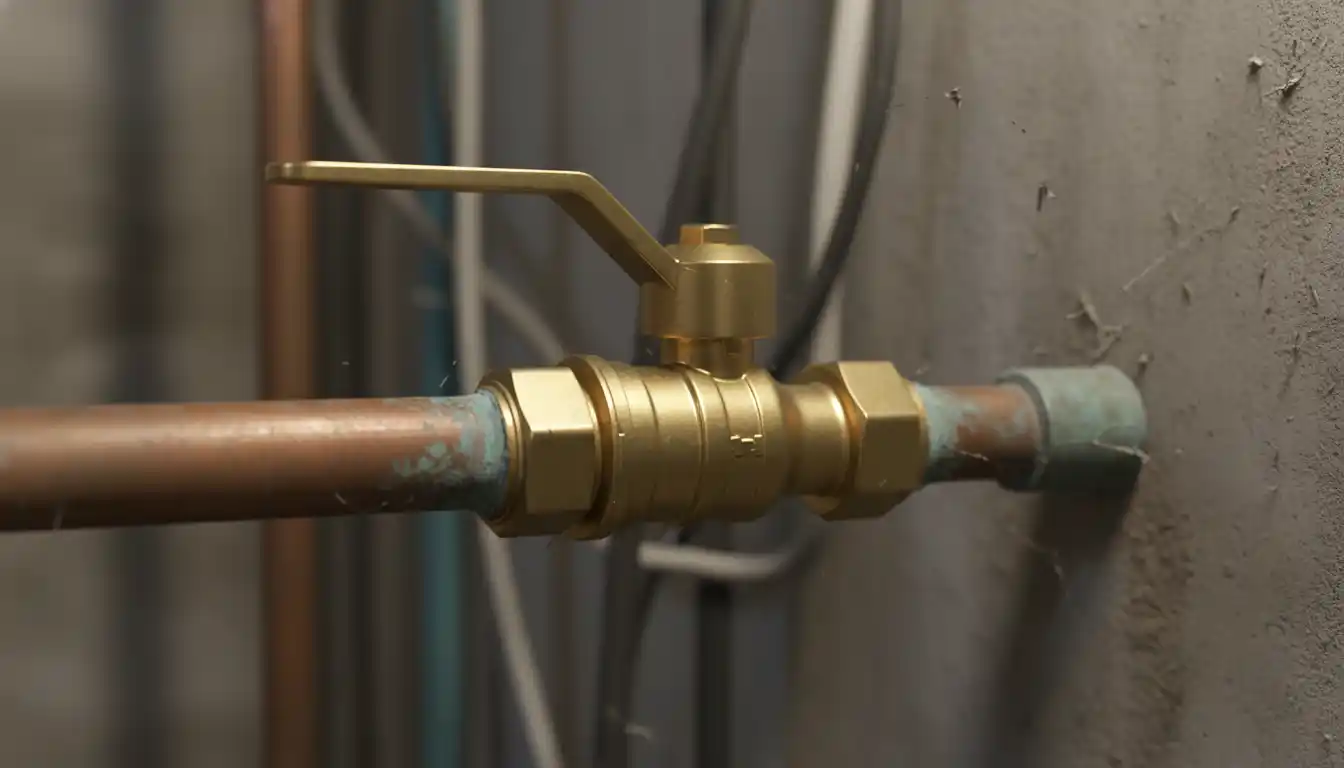 Brass main water shut-off valve in closed position on copper pipe