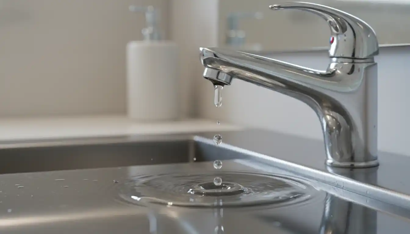 Close-up of water dripping from faucet spout into sink basin