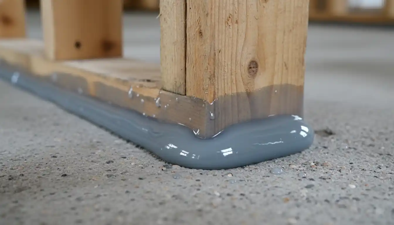Close-up view of liquid sealant coating the seam between a wall stud and the concrete slab foundation