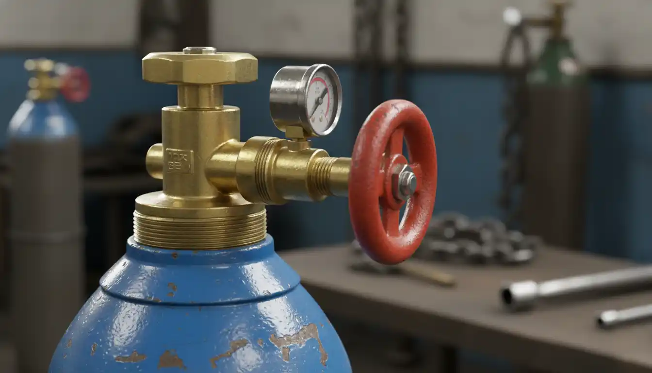 Close-up view of the brass valve and handle on a painted metal gas cylinder