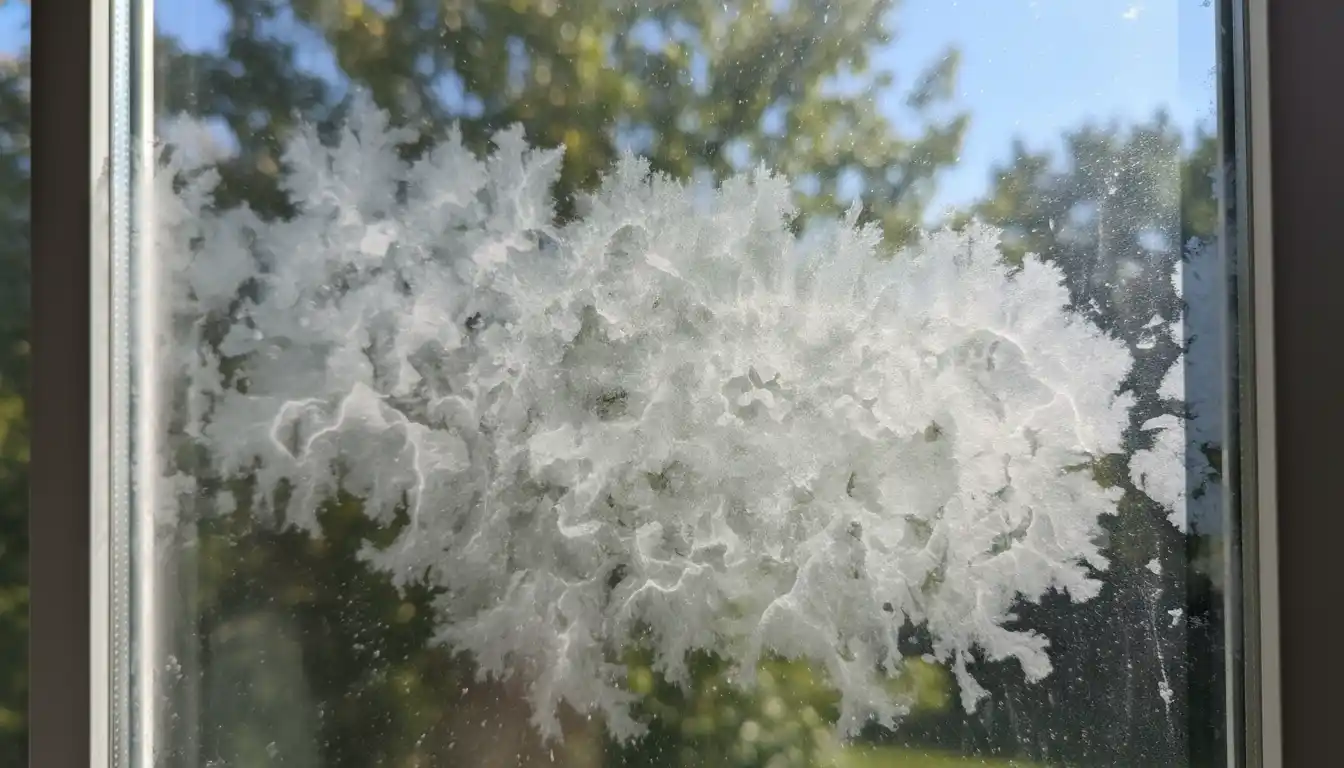 Close up view of white residue and haze trapped inside double pane window glass layers